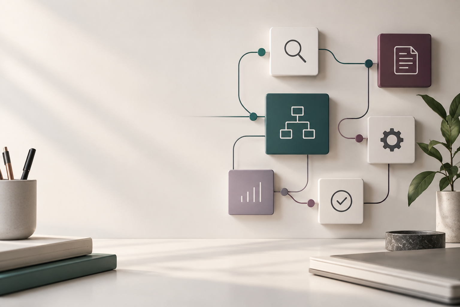 Schema di processi digitali collegati su una parete chiara, accanto a una scrivania ordinata